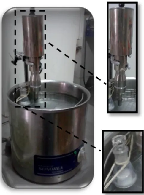 Figura  3.1-  Sistema  de  desaglomeração  das  nanopartículas  de  HA,  destacando  a  sonda  e  a  solução 