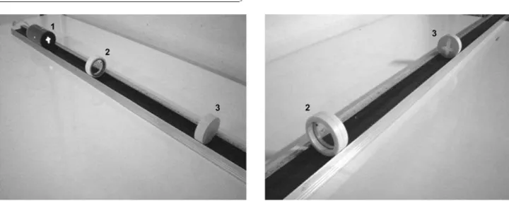 Figura 3 - Fotos mostrando o arranjo experimental utilizado para a medida da distˆ ancia focal da lente convergente