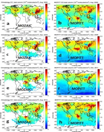 Figure 10. Global total column CO from the transformed trajectory-mapped MOZAIC-IAGOS climatology and MOPITT data for August 2002, December 2005, December 2011 and  Au-gust 2012