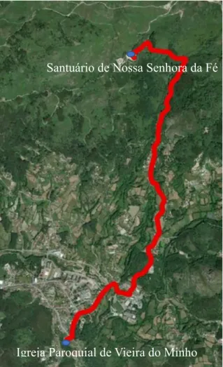 Figura 13 - Trajeto da Peregrinação Arciprestal. Figura  elaborada com recurso ao software de informação  geográfica ArcGIS