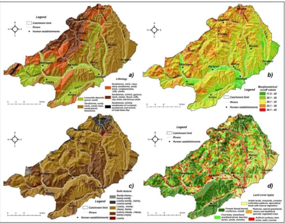 Figure 1. Spatial representation of lithology (a) morphometric factor (b), soil texture (c) and   land cover (d) in the Subcarpathian sector of Buzău river basin