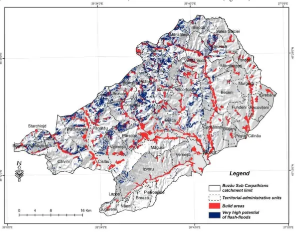 Figure 3. Spatially modelling the areas with very high potential for  flash-floods and the built areas in   order to obtain the vulnerability index at the territorial administrative unit level