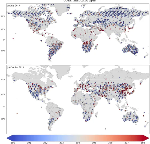 Figure 1. Example of the distribution of the assimilated GOSAT BESD XCO 2 data: July 2013 (top panel, about 3400 retrievals) and October 2013 (bottom, about 1270 retrievals)