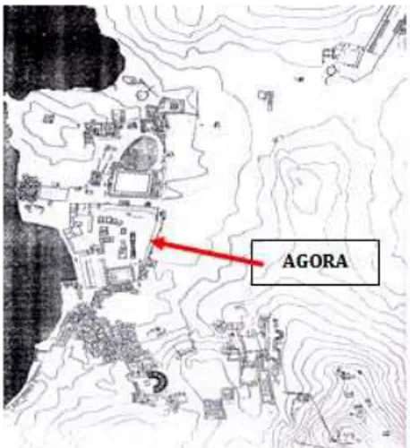 Gambar 6. Letak Agora di tengah kota Priene.  Gambar 7. Letak Agora di kota Delos.