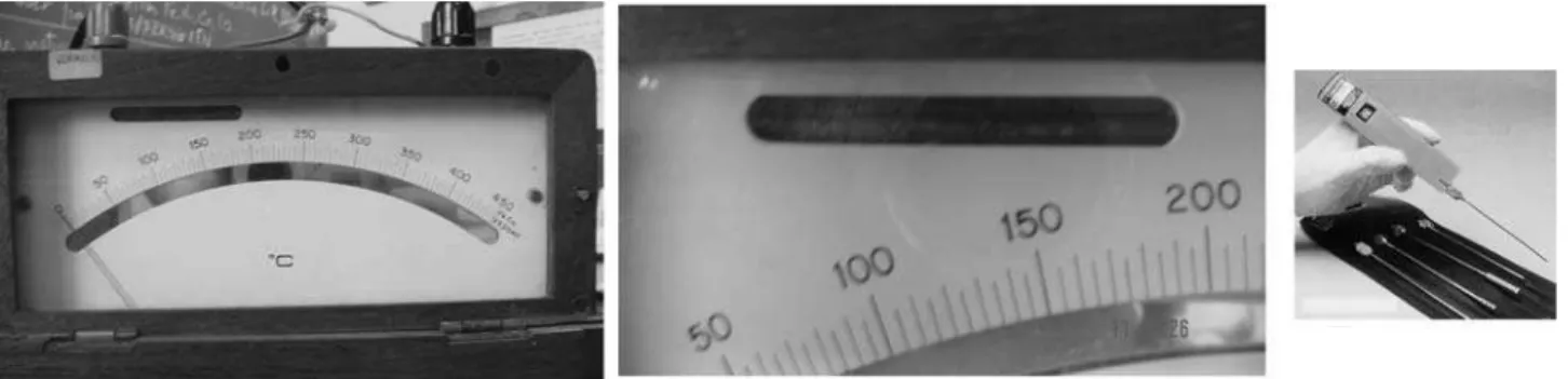 Figura 14 - Termopar anal´ ogico Fe-Constantan (1975) provido de regulador de zero, termˆ ometro ` a ´ alcool para corre¸c˜ ao de temperatura de referˆ encia, e espelho para redu¸c˜ ao do erro de paralaxe (esquerda e centro)