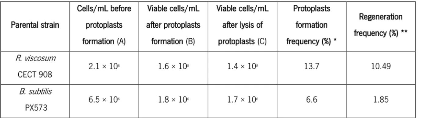 Table 12. Protoplasts formation and regeneration frequencies obtained in the assay 7. 
