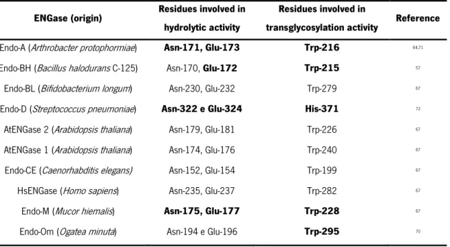 Table 1. Summary of the predicted catalytic residues involved in the hydrolytic and transglycosylation  activity of some representative ENGases of the GH85 family