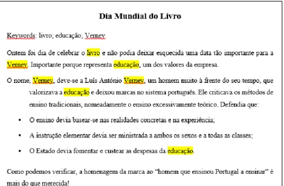 Figura 13. Palavras-chave presentes num texto do blogue em português