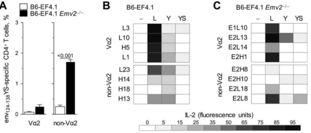 Figure 6. Cross-reactivity of individual V a 2 or non-V a 2 CD4 + T cells. (A) Frequency of env 124-138 YS-reactive cells in Va2 or non-Va2 CD4 + T cells isolated from either B6 (B6-EF4.1) or Emv2-deficient B6 (B6-EF4.1 Emv2 2/2 ) EF4.1 mice