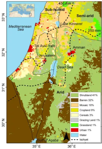 Fig. 1. Location of the study region (based on the ESRI World Phys- Phys-ical Map) and land uses with spatial coverage in percentages