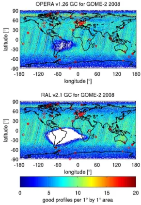 Figure 1. Spatial distribution of “good” (not screened) GOME-2 profiles (2008 only) in the OPERA v1.26 and RAL v2.1 global  cov-erage (GC) data sets