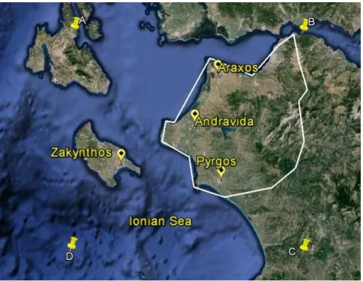 Fig. 1. Map of examined area. The locations of the stations are displayed. The points A, B, C, D define the area of lightning data.