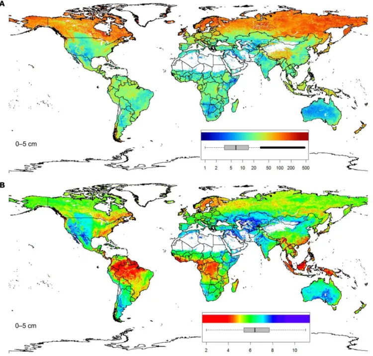 Figure 10 shows derived total soil organic carbon stock based on Eq.(6). According to this map, the total (baseline) amount of soil organic carbon (up to 2 m depth; excluding deserts, bare rock areas and ice caps) is about 330 t ha 21 on average