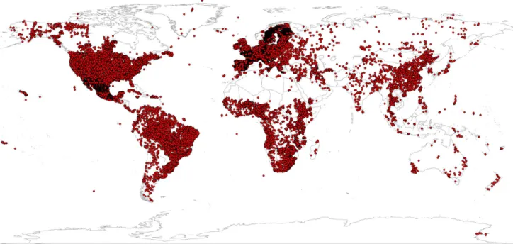 Figure 2. World distribution of soil profiles used to generate the SoilGrids1km product (about 110,000 points)