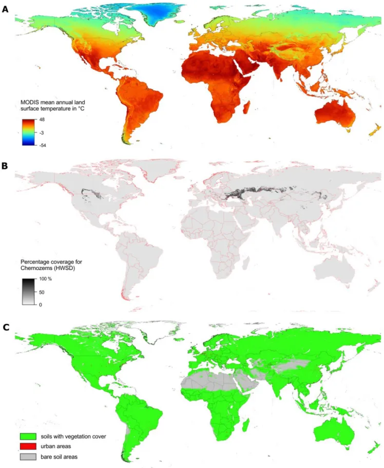 Figure 3. Examples of input layers used to generate SoilGrids1km: (a) long-term day-time MODIS land surface temperature, (b) percent cover Chernozems (based on the HWSD data set), and (c) global soil mask map