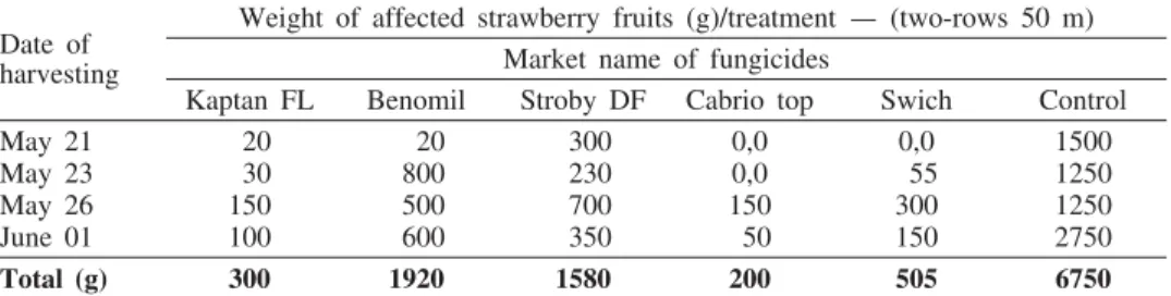 Tab. 6 — Effect of the fungicides on anthracnose incidence in strawberry in 2005.