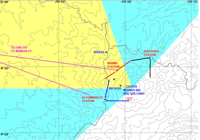 Figure 1. Topographic map (contour levels every 200 m, the upper contour level is at 5200 m, Bruma station is at 4800 m a.s.l.) showing the location of Nevado del Ruiz volcano (Colombia) and the three NOVAC stations used for gas monitoring