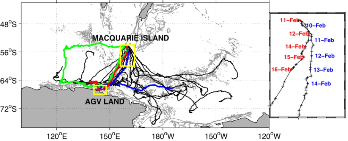 Fig. 1. Southern elephant seal tracks from IMOS in 2010 (black lines). Specific seals that sampled the Ad´elie and George V Land continental shelf: seals I1 and I2 (blue and red lines, respectively), and SEaOS seals (2005) S1 and S2 (green lines)