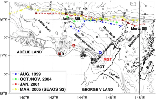 Fig. 3. The location of high quality ship-borne summertime CTD measurements from NBP00–08 (squares)