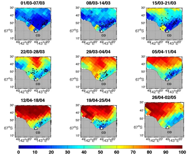 Fig. 5. Weekly locations of IMOS seals I1 and I2 (black dots) within Commonwealth Bay with mean sea ice concentration from AMSR-E (AMSR-E, 2008) from March through April 2010