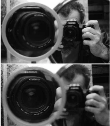 Figura 15 - Comparação do que se vê em um espelho plano com o que se vê em um espelho côncavo, posicionando a objetiva da máquina  fotográ-fica no plano focal do espelho côncavo.