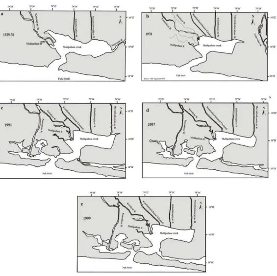 Fig. 4. Morphology changes of the Mullipallam creek 1929-2007 