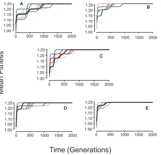 Figure 4. Increase in mean fitness for 10 independent runs with random start of nc = 10 or 50 clones