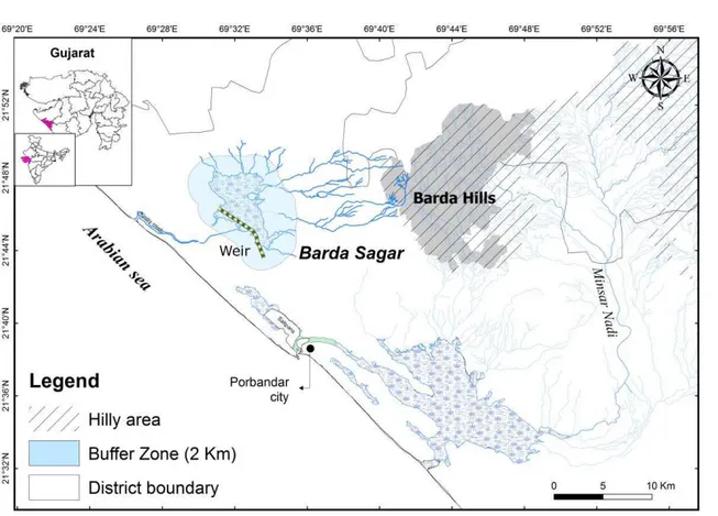 Fig. 1 Map showing location of  Barda Sagar with buffer area of 2 km around the site. 