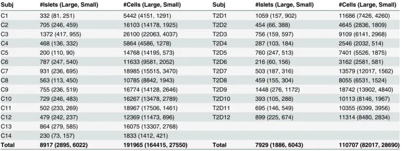 Table 1. Number of islets and cells per human cadaveric subject. For each control (C) and T2D subject the number of islets (number of large and small islets given in parentheses) and number of cells (number of cells located in large and small islets given 