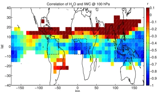Fig. 4. Correlation map calculated with 19 seasonal data points of MLS water vapor and CALIPSO ice water content at 100 hPa