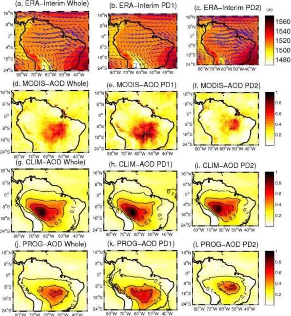 Figure 2. Geopotential height and wind vectors at 850 hPa from ERA-Interim (a, b, c) and 550 nm AODs from MODIS (d, e, f), from total AOD in CLIM (g, h, i) and total AOD in PROG (j, k, l)