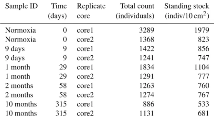 Table 3. Total counts and standing stocks at every sampling time for every replicate core.