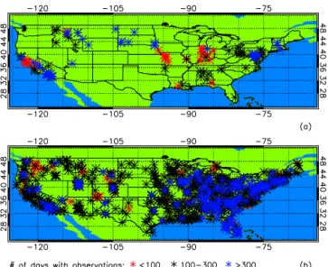 Figure 1. For the period 2008–2009, US EPA sites with available PM 2.5 measurements at (a) hourly and (b) daily intervals,  respec-tively