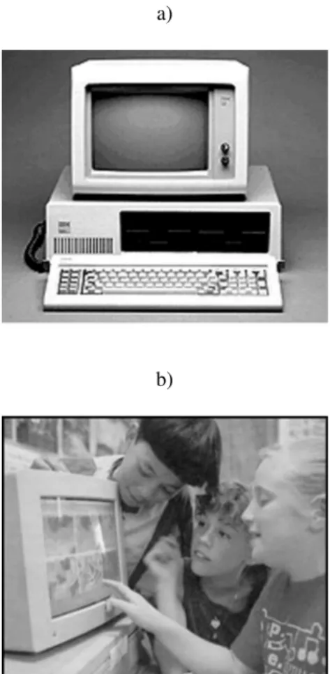 Figura 1: a) O impacto causado pelo computador pessoal da IBM (IBM-PC), surgido em 1981, foi t˜ao grande que, em 1982, a revista Time a considerou “m´aquina do ano”; b) O computador Macintosh conheceu pouco depois grande sucesso devido `a facilidade do seu