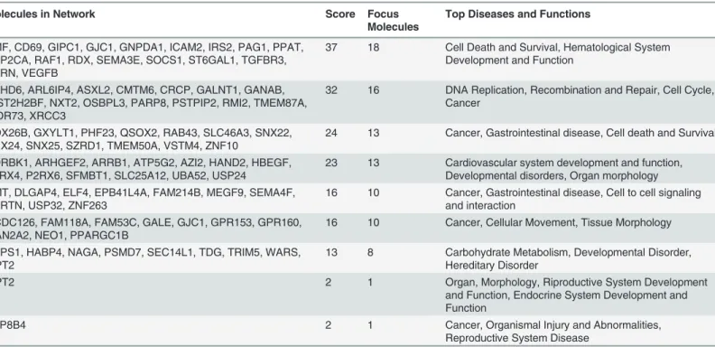 Table 2. Top 9 molecular networks predicted by IPA, by analysis of genes with expression profiles significantly negatively correlated with that of miRNAs differentially expressed after FHC silencing.