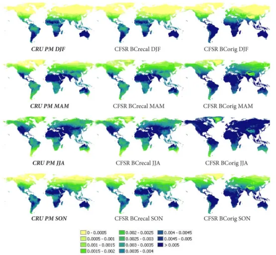 Fig. 4b. Global maps with seasonal average daily potential evaporation (m day −1 ). CRU derived with the Penman-Monteith equation (left;
