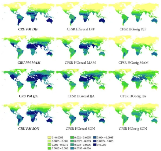 Fig. 4c. Global maps with seasonal average daily potential evaporation (m day −1 ). CRU derived with the Penman-Monteith equation (left;