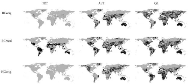 Fig. 8a. Maps showing areas where CFSR derived PET, AET and local runoff (QL) significantly deviates according to the Welch’s t-test for a significance level of 95 % from CRU derived values (in grey) and areas where annual average values do not significant