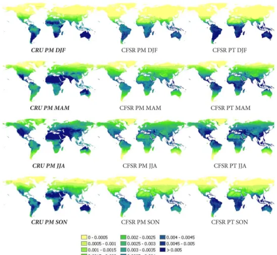 Fig. 4a. Global maps with seasonal average daily potential evaporation (m day −1 ). CRU derived with the Penman-Monteith equation (left;