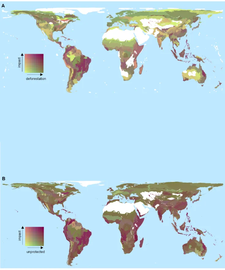 Figure 4. Bivariate plots showing ecoregion-level impact score and (a) percent loss of forest during 2000–2005, and (b) percent forest unprotected