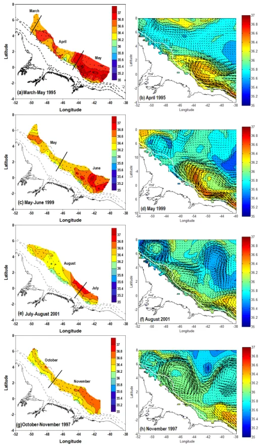 Fig. 4. Horizontal distribution of salinity and velocity during REVIZEE cruises and from CLIPPER model results along σ θ =24.5 kg m −3 : (a) hydrographic data for March–May 1995, (b) model results for April 1995, (c) hydrographic data for May–June 1999, (d