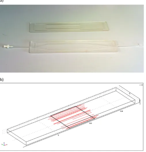 Figure 1. Flow chamber. The flow chamber is realized in polydimethylsiloxane and designed to enable cells to be subject to a large range of shear stress (a)