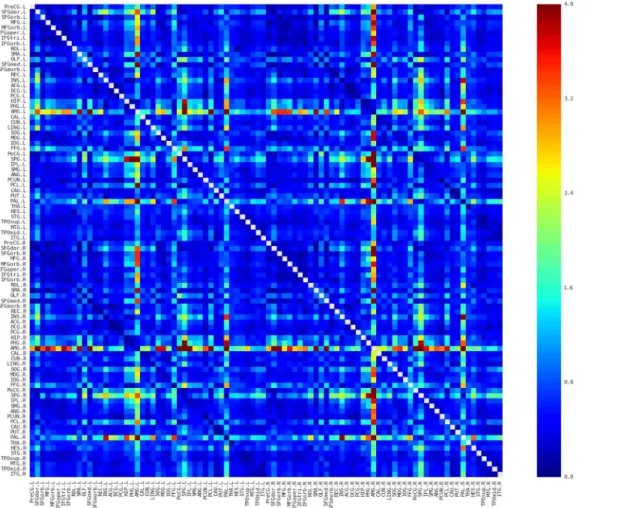 Fig 3. Coefficient of variation (CV) map of the connectivity matrices. Red and blue color indicates high and low dispersion of that connection across participants, respectively