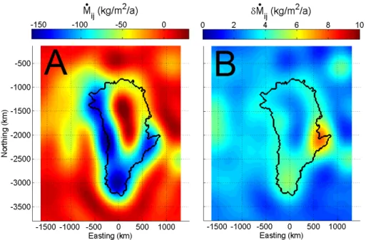 Fig. 2. (A) Spherical harmonic representation of the trend in cryosphere-attributed mascons ( ˙ M i j G ) derived from GRACE over the December 2003 to December 2010 period (Luthcke et al., 2013)