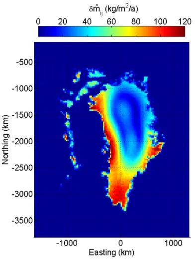 Fig. 8. The uncertainty in rate of mass change at any given ice-containing node i j (δ m ˙ i j ) is taken as one standard deviation of the given node rate of mass change values across the ensemble of simulations.