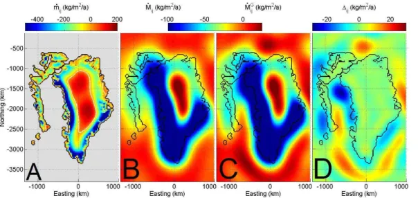 Fig. 9. (A) Ensemble mean inferred rate of mass change field ( ˙ m) at ice-containing nodes