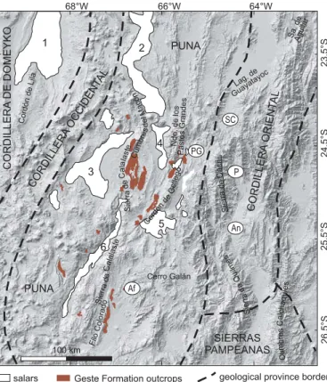 Fig. 2. Distribution of Geste Formation in different basins of the Northwestern  Argentina