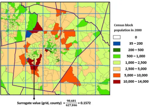 Figure 2. Population-based spatial surrogate computation for CMAQ 12 km modeling grid (blue cells) over Wake County (dark purple polygon), North Carolina area from 2000 census  popula-tion at the census block group level (grey color polygons).