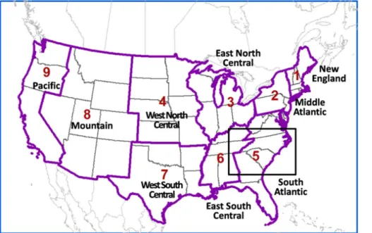 Figure 3. CMAQ 12 km modeling domain showing the nine MARKAL emission projection re- re-gions (dark purple) and the Southeast area (black box).