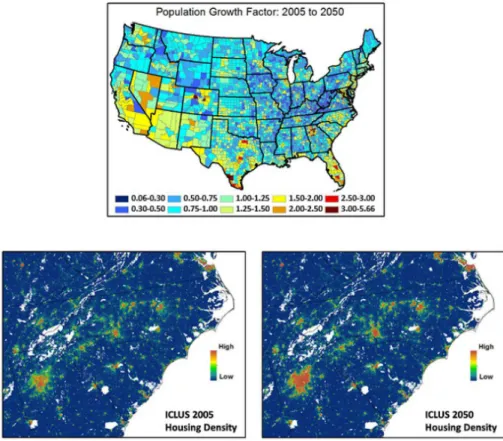 Figure 4. County-level population growth factors (2050/2005) (top) and ICLUS housing den- den-sities at 2005 and 2050 (bottom) for the Southeast area shown in Fig